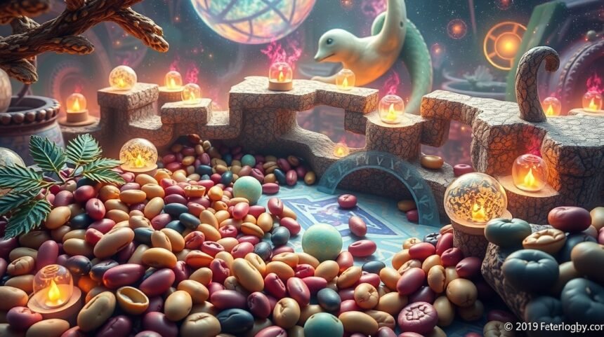 Fave colorate in un ambiente magico con elementi simbolici