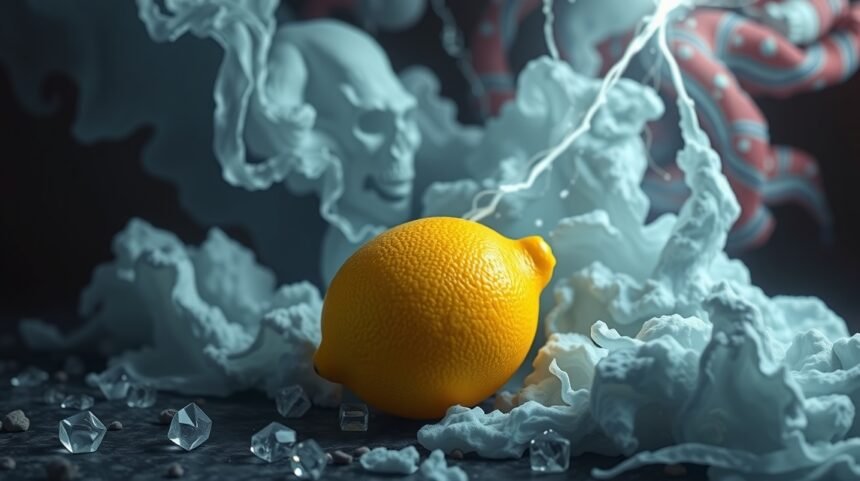 Limone su uno sfondo mistico con fumi e cristalli.