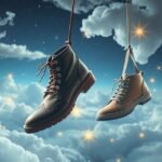 Scarpe e borse sospese tra le nuvole, simbolo di sogni e identità.