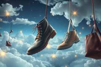 Scarpe e borse sospese tra le nuvole, simbolo di sogni e identità.