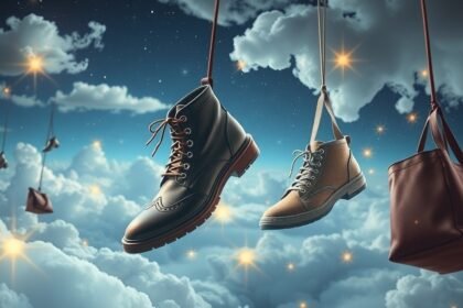 Scarpe e borse sospese tra le nuvole, simbolo di sogni e identità.