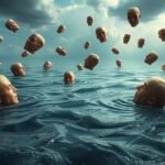 Immagine onirica di teste emergenti dall'acqua, simbolo di emozioni travolgenti.