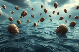 Immagine onirica di teste emergenti dall'acqua, simbolo di emozioni travolgenti.