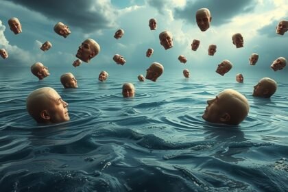 Immagine onirica di teste emergenti dall'acqua, simbolo di emozioni travolgenti.