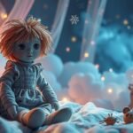 Bambola di pezza su un letto tra coperte e decorazioni