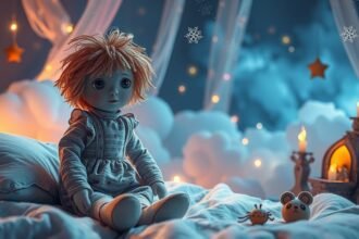 Bambola di pezza su un letto tra coperte e decorazioni