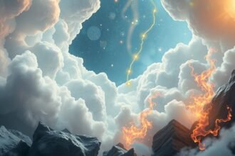 Paesaggio onirico con nuvole e fiamme simboliche