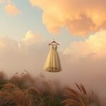 Abito bianco appeso tra nuvole e prati, simbolo di purezza e nuovi inizi.