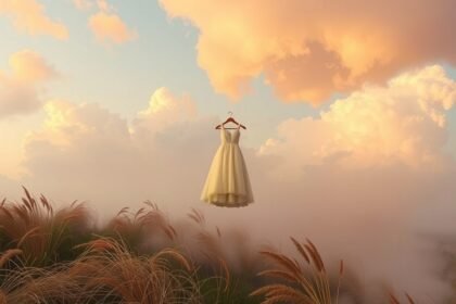 Abito bianco appeso tra nuvole e prati, simbolo di purezza e nuovi inizi.