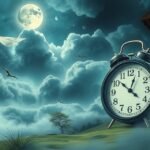Orologio in un paesaggio onirico sotto una luna piena