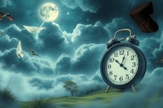 Orologio in un paesaggio onirico sotto una luna piena