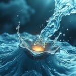 Acqua che scorre su una superficie con effetti luminosi, simbolo di purificazione.