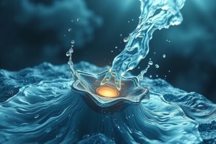 Acqua che scorre su una superficie con effetti luminosi, simbolo di purificazione.