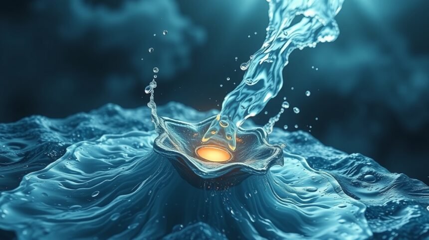 Acqua che scorre su una superficie con effetti luminosi, simbolo di purificazione.