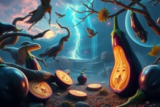 Melanzane rappresentate in un paesaggio onirico con elementi simbolici