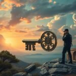 Carabiniere in borghese contempla un paesaggio al tramonto con una chiave simbolica.