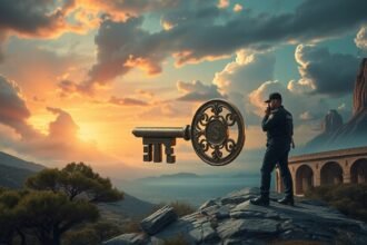 Carabiniere in borghese contempla un paesaggio al tramonto con una chiave simbolica.