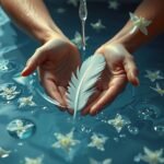 Due mani che si lavano in acqua con una piuma e fiori galleggianti.