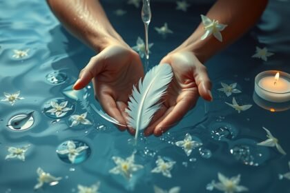 Due mani che si lavano in acqua con una piuma e fiori galleggianti.