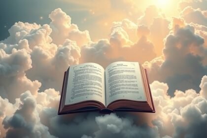 Libro aperto fluttuante tra le nuvole con luce solare