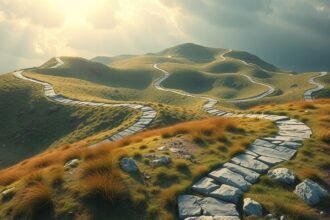 Sentiero tortuoso su colline verdi, simbolo di ricerca interiore.