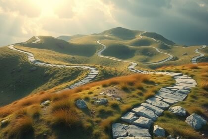 Sentiero tortuoso su colline verdi, simbolo di ricerca interiore.