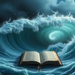 Un libro aperto con onde di tsunami in tempesta