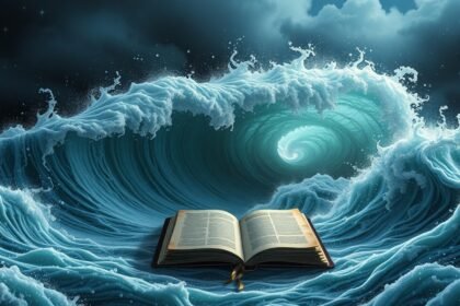 Un libro aperto con onde di tsunami in tempesta