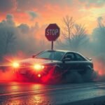 Auto in frenata su strada con segnali di stop e fumi