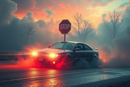 Auto in frenata su strada con segnali di stop e fumi