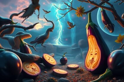 Melanzane rappresentate in un paesaggio onirico con elementi simbolici