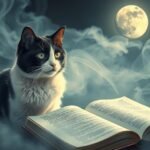 Gatto bianco e nero che osserva un libro aperto sotto la luna