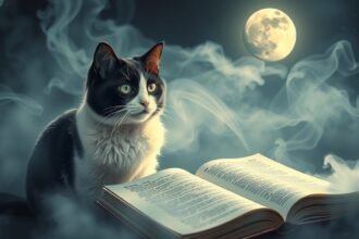 Gatto bianco e nero che osserva un libro aperto sotto la luna