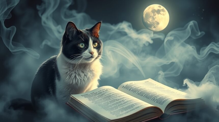 Gatto bianco e nero che osserva un libro aperto sotto la luna