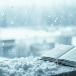Un libro aperto su una finestra con neve che cade dolcemente.