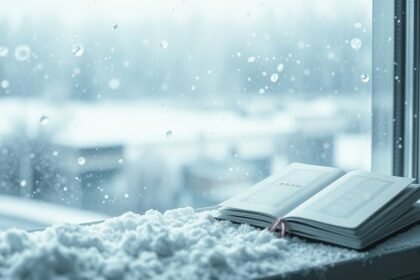 Un libro aperto su una finestra con neve che cade dolcemente.
