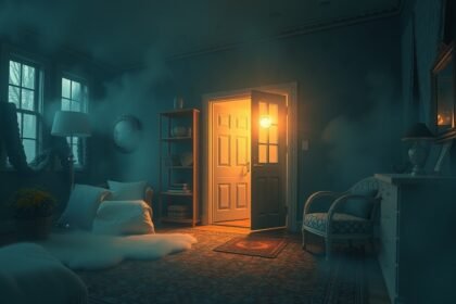 Una stanza accogliente con una porta aperta che trasmette nostalgia.
