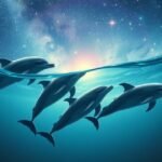 Delfini che nuotano in un'acqua blu sotto un cielo stellato