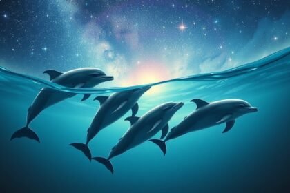 Delfini che nuotano in un'acqua blu sotto un cielo stellato