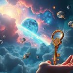 Una mano con una chiave dorata in un universo di pianeti e nuvole.
