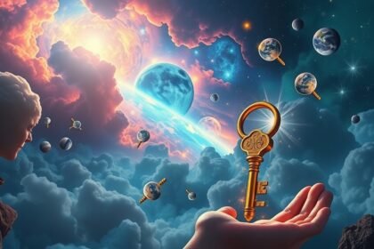 Una mano con una chiave dorata in un universo di pianeti e nuvole.