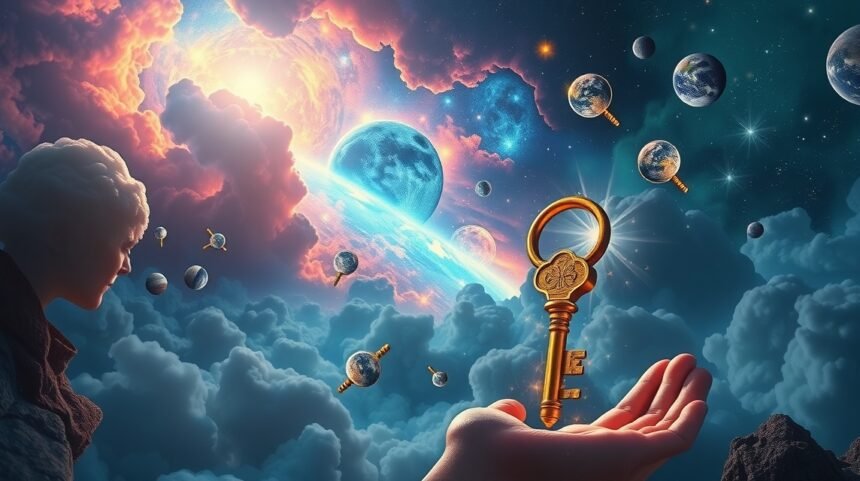 Una mano con una chiave dorata in un universo di pianeti e nuvole.