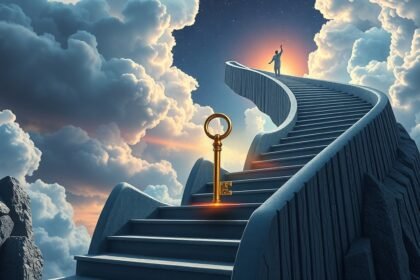 Una figura che sale scale luminescenti verso un cielo nuvoloso, simbolizzando ambizione e crescita.