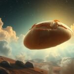 Un grande pane fluttuante nel cielo con nuvole e luce solare