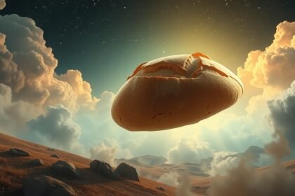Un grande pane fluttuante nel cielo con nuvole e luce solare