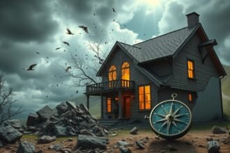 Casa inquietante con rovine e una bussola, rappresentante instabilità emotiva.