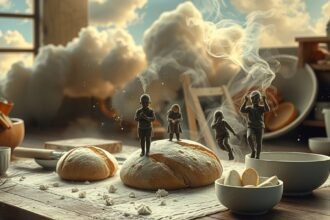 Bambini che impastano pane in cucina, simbolo di creatività e lavoro