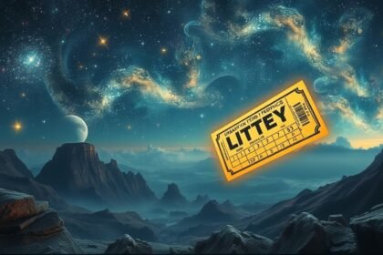 Biglietto della lotteria con cielo stellato e pianeta in lontananza