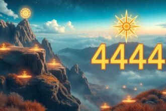 Nummero 4444 in un paesaggio mistico che simboleggia stabilità e protezione