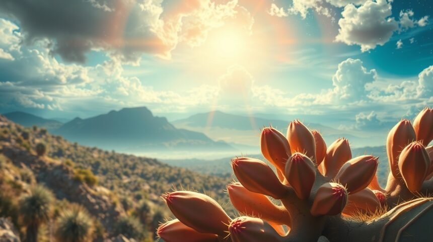 Fichi d'india illuminati dal sole in un paesaggio naturale